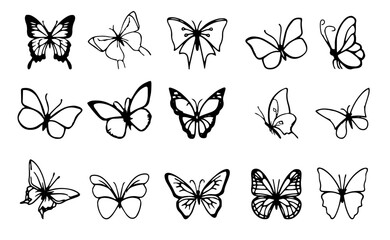 Butterflies silhouettes line art collection