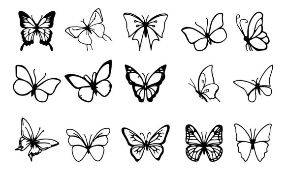 Butterflies silhouettes line art collection