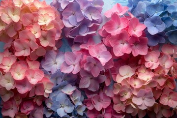 Obraz premium Close-up of pink, purple, and blue hydrangea blooms