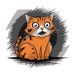 A cartoon orange tabby cat with wide, surprised eyes sits in front of a gray background