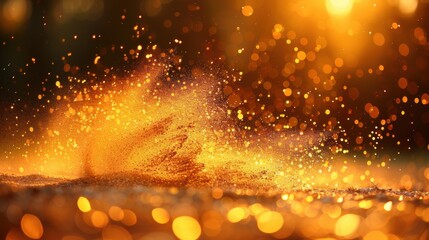 Naklejka premium Golden particles in mid-air with a glowing bokeh effect, creating a magical and shimmering aesthetic in warm light.