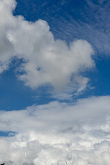 the vast beauty of the open sky adorned with fluffy white clouds, creating a serene and picturesque landscape. The blue expanse meets the horizon, inviting a sense of tranquility and wanderlust