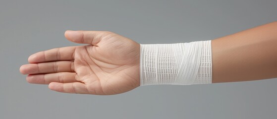 Close-up of a person's arm with a white bandage wrapped around the wrist, against a grey background.
