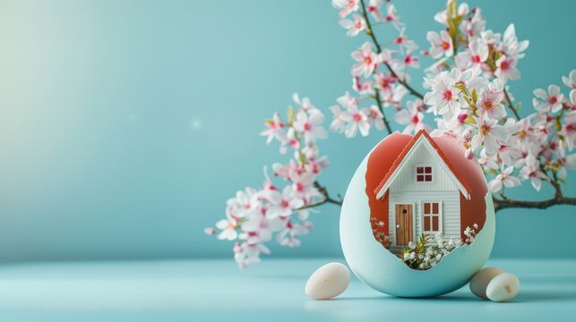 Easter greeting card with house in egg shell on light blue background