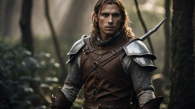 male elf warrior character on medieval fantasy background