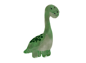 Hand-drawn watercolor illustration of a cute dinosaur isolated on a white background.