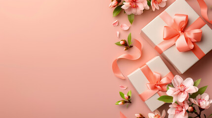 Gifts adorned with pink ribbon bows and flower buds against a peach-colored background. Perfect for designing banners for occasions like Valentine's Day, Mother's Day, and International Women's Day.