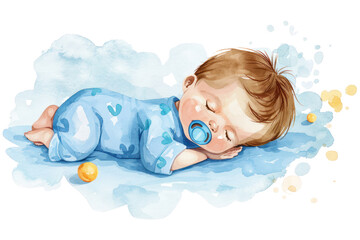 A beautiful watercolor illustration of a sleeping baby boy in blue pajamas with a pacifier. Perfect for nursery decor or baby-themed designs.
