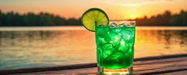 Cold mojito. Fresh summer cold alcohol cocktail on blurred sunny day by the sea background. Exotic green long drink with ice cubes. Refreshing mocktail in glass. Vacation at beach resort, travel