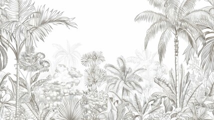 line drawing enchanting jungle tropical plants and trees wallpaper