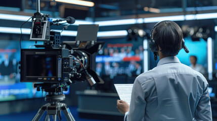 A news presenter reading from a teleprompter in a modern newsroom, facing the camera with a professional demeanor. High-tech studio setup, focused on delivering the latest updates.