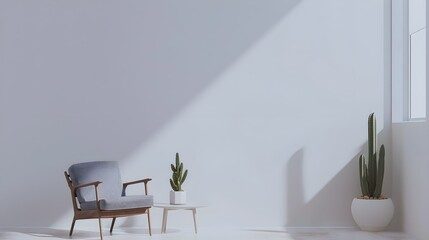 living room interior mockup with gray arm chair, small coffee table, cactus in a pot, on white wall background