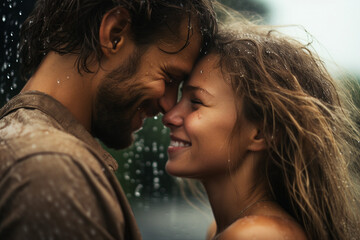 Fototapeta premium Created with generative AI image of beautiful young couple smiling on a summer day