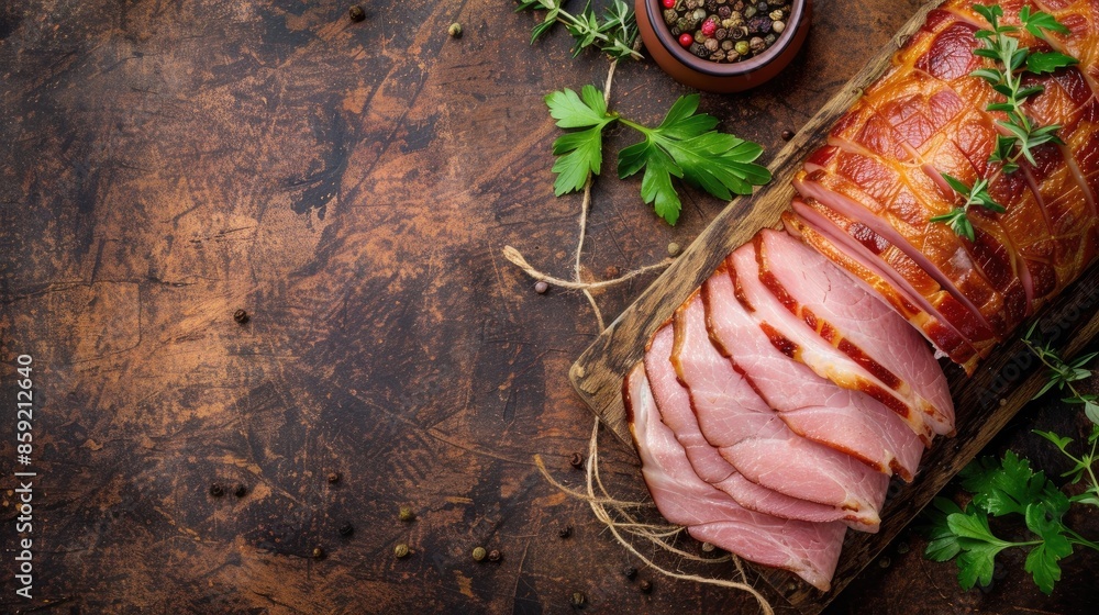 Poster sliced ham on rustic table with copy space top view