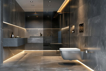 A contemporary bathroom with a minimalist design, featuring a wall-mounted toilet, a floating vanity, and large format tiles. The room has a sleek and modern look.