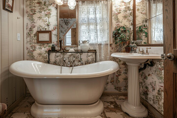 A cozy bathroom with a vintage feel, featuring a clawfoot tub, a pedestal sink, and floral wallpaper. The room has a charming, old-world atmosphere.