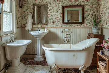 A cozy bathroom with a vintage feel, featuring a clawfoot tub, a pedestal sink, and floral wallpaper. The room has a charming, old-world atmosphere.