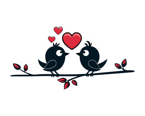 birds love on branch valentine color silhouette carton art