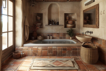 A cozy bathroom with warm earth tones, terracotta tiles, and a deep soaking tub. The room is adorned with woven baskets and soft textiles.
