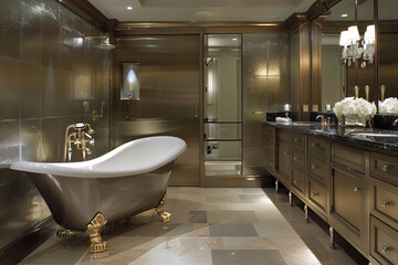 A glamorous bathroom with metallic accents, a freestanding bathtub with gold claw feet, and a large vanity with a black granite countertop. The room has a luxurious, opulent feel.