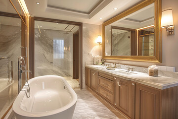 A luxurious bathroom with a freestanding bathtub, a large mirror with a gold frame, and marble countertops. The room is decorated with elegant finishes and soft lighting.