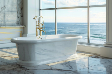 A luxurious bathroom with a freestanding bathtub positioned in front of a large window with a view of the ocean. The room features elegant marble and gold accents.