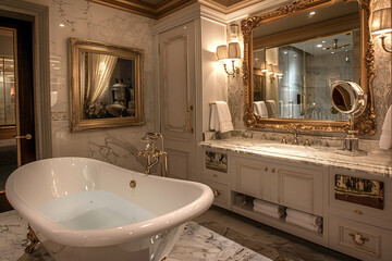 A luxurious bathroom with a freestanding bathtub, a large mirror with a gold frame, and marble countertops. The room is decorated with elegant finishes and soft lighting.