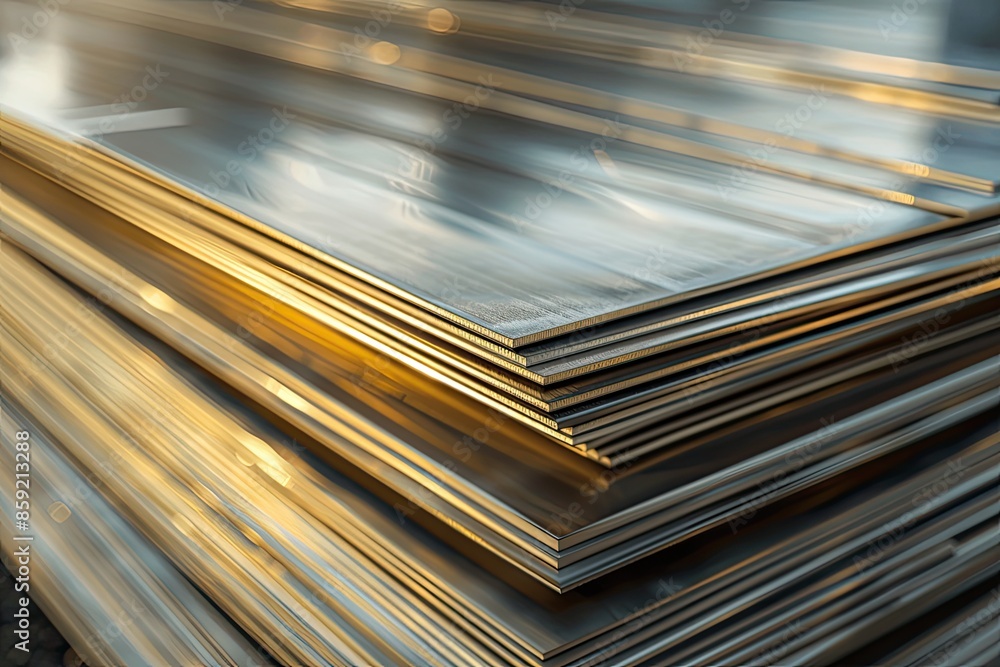 Poster a stack of metal sheets with a golden hue. the sheets are piled on top of each other, creating a sen