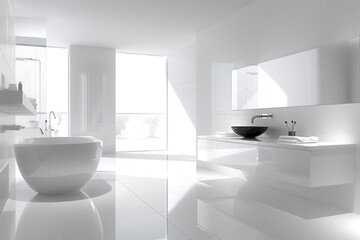 A minimalist bathroom with a white color scheme, a floating vanity with a vessel sink, and large format tiles. The room has a clean and modern look.