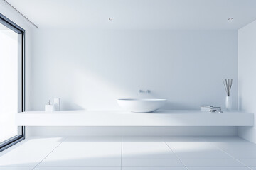 A minimalist bathroom with a white color scheme, a floating vanity with a vessel sink, and large format tiles. The room has a clean and modern look.