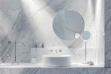 A minimalist bathroom with white marble walls, a floating vanity, and a round mirror with LED backlighting. The sleek chrome fixtures add a modern touch.
