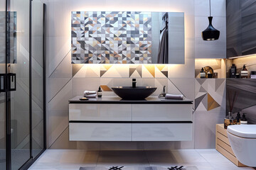 A modern bathroom with geometric tiles, a floating vanity with a vessel sink, and sleek black fixtures. The room has a clean, contemporary look.