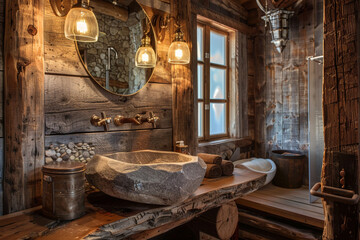 A rustic bathroom with wooden finishes, a stone sink, and vintage light fixtures. The room has a cozy, cabin-like atmosphere.