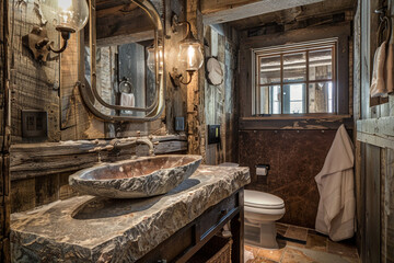 A rustic-chic bathroom with distressed wood finishes, a stone sink, and vintage light fixtures. The room has a cozy, cabin-like feel.