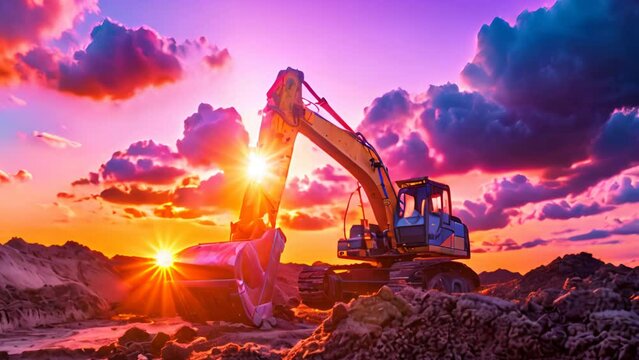 Excavator or digger at construction Site during sunset. Heavy industry. 4k HD Hi-Tech Computer Chipset Background