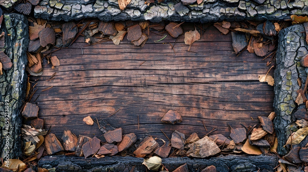 Poster a wooden frame with a black border and a pile of leaves in the middle. the frame is empty and the le
