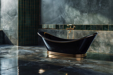 A spacious bathroom featuring a freestanding black bathtub with gold accents, set against a backdrop of dark green tiles. The floor is made of polished concrete.
