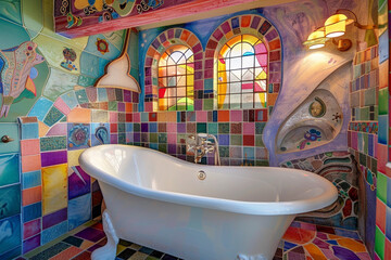 A whimsical bathroom with colorful tiles, a vintage clawfoot tub, and playful decor. The room has a fun and eclectic feel.
