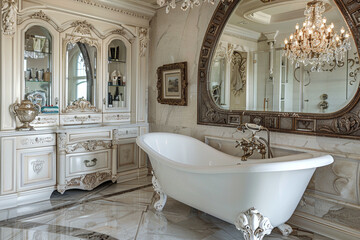 An elegant bathroom with a clawfoot bathtub, a crystal chandelier, and marble floors. The vanity is antique with intricate carvings.