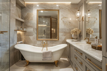 An elegant bathroom with a freestanding bathtub, a large mirror with a gold frame, and marble countertops. The room is decorated with luxurious finishes and soft lighting.