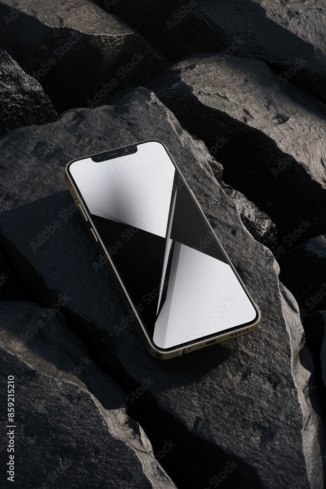 Poster luxurious smartphone with sleek design displayed on dark rocks, 3d rendering