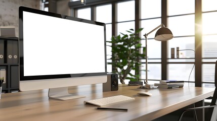 Fototapeta premium Modern business interior with pc computer on table with mockup screen