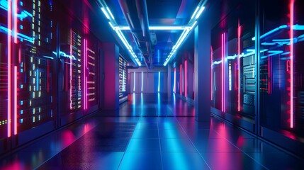 Fototapeta premium Modern Data Center Server Room With Blue Neon Lights