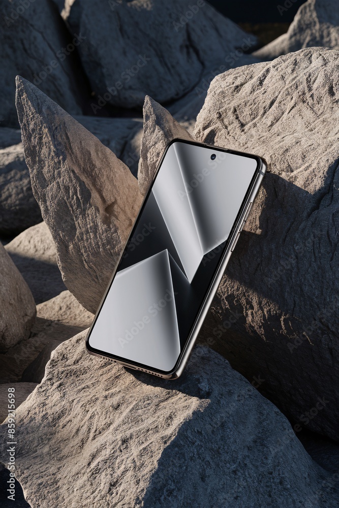 Poster luxury pro smartphone with sleek design displayed on rocky terrain in 3d rendering