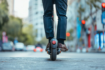 Elegant modern issue person driving to office using ecological transport, minding ecology protection, Generative AI