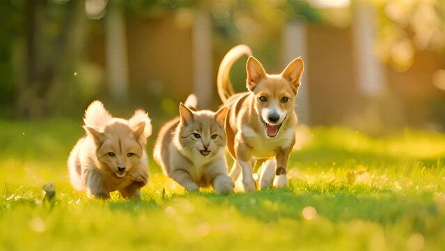 Three cute dogs and a cat run happily on the grass.