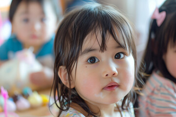 Children birthday party with cake confetti and decor, Generative AI creative picture