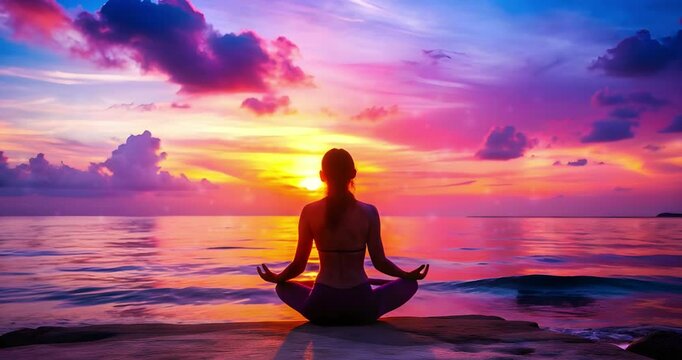 Young woman meditates in lotus position while sitting on seashore at pink-purple sunrise. Meditation by sea 4k video looping animation.