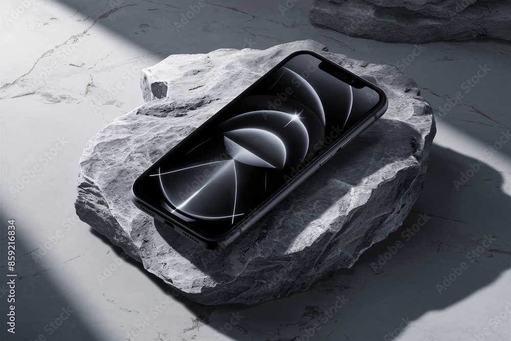 Poster luxurious black smartphone displayed on textured stone surface with elegant 3d render