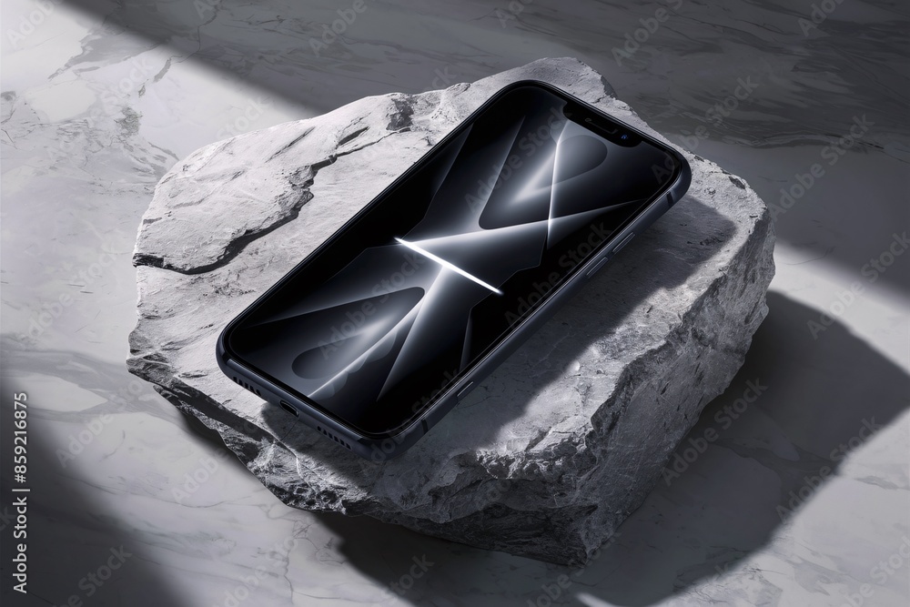 Poster luxurious black smartphone with sleek design placed on a stone slab in a modern minimalist setting